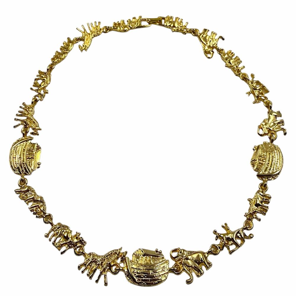 VTG Made In USA Gold Noahs Ark Link Charm Necklace Animal Cottage Novelty 90s